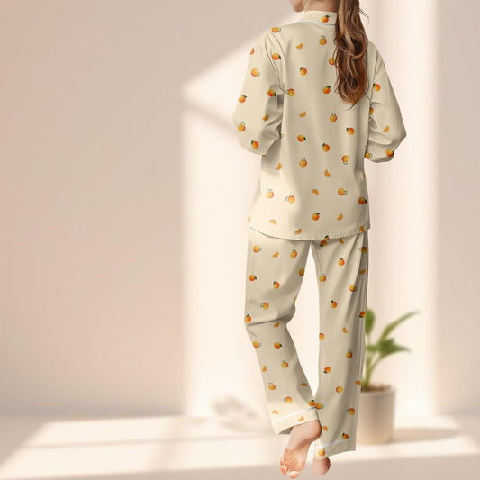 Orange Satin Pajama Set, Cute Fruit Women Sleepwear, Cream Long Pants Pjs, Kawaii Loungewear, Soft Cozy Summer Set, Funny Gift