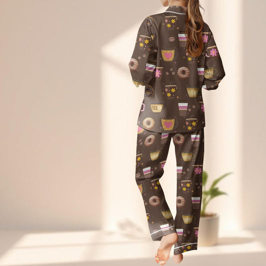 Latte Coffee And Donut Satin Pajama Set, Cute Breakfast Sleepwear, Cozy Foodie Long Pants Pjs, Foodie Matching Set, Gift For Her