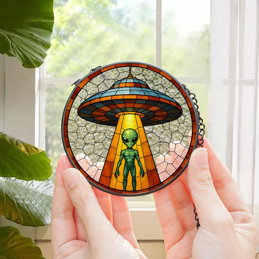 Alien UFO Abduction Stained Glass Suncatcher, UFO Wall Art, Cryptid Hanging Home Decoration, Alien Cryptozoology Decor, Spaceship Decor