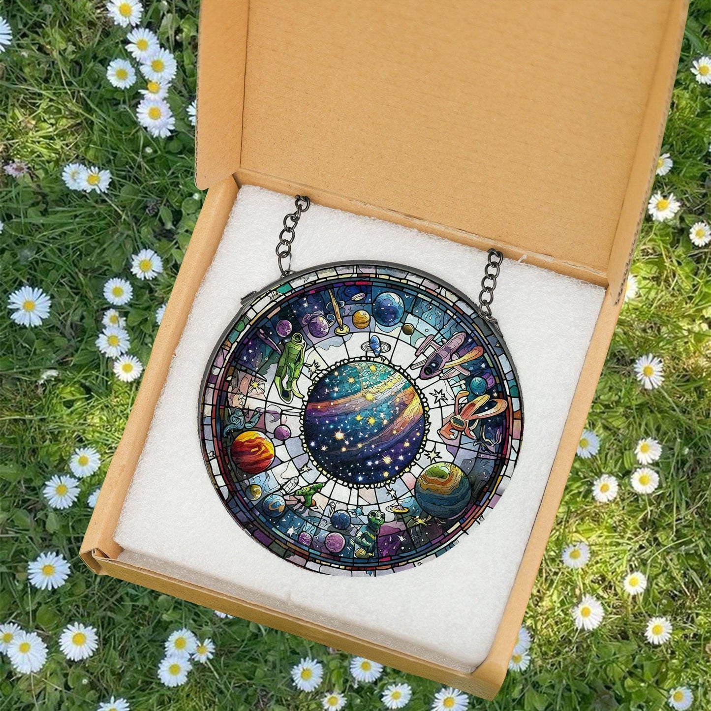 Alien UFO Stained Glass Suncatcher, Sci-Fi Decor, Stained Glass UFO Art, Outer Space Decoration, Alien Decor for Home, Celestial Suncatcher