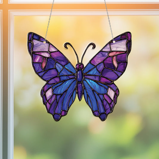 Elegant Stained Glass Butterfly Window Hanging – Purple and Blue Wings Design, Perfect for Adding a Whimsical, Nature-Inspired Touch