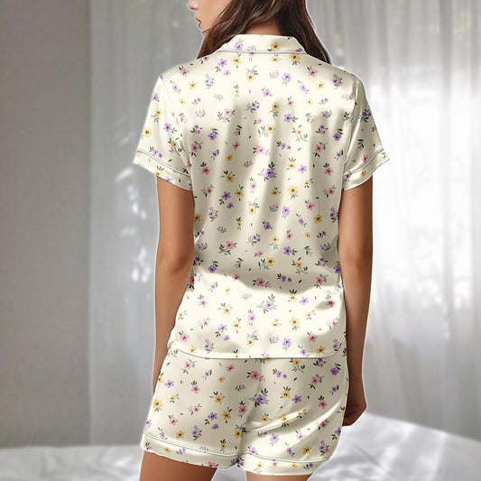 Mini Floral Satin Pajama Short Set, Colorful Flower Summer Sleepwear, Cute Women Nightwear, Vintage Matching Pjs, Gift For Her