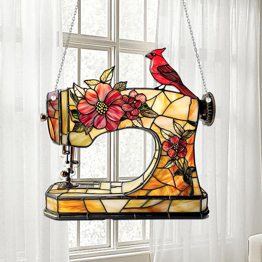 Sewing Machine Stained Glass Window Hanging – Floral Sun Catcher with Cardinal Bird for Seamstress Gift, Quilter Room, or Craft Decor