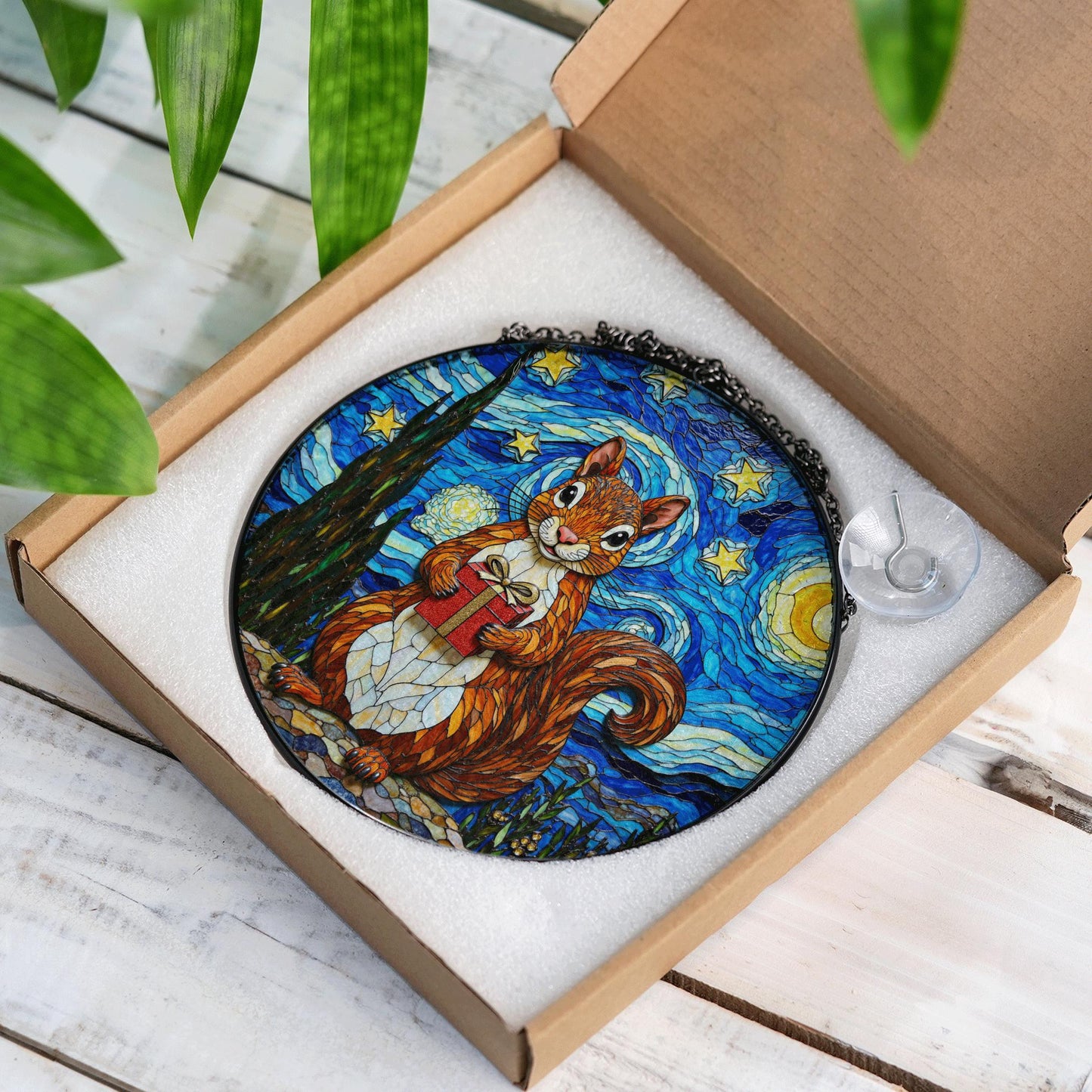 cute squirrel with gift night sky suncatcher stained glass animal decor gift for daughter