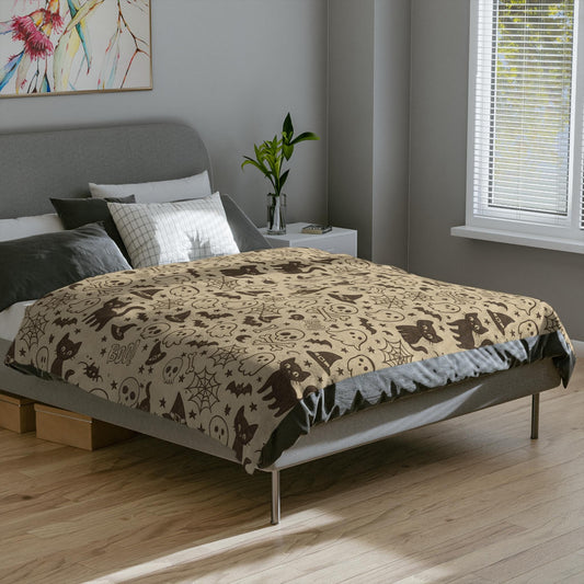 Retro Halloween Doodle Blanket Vintage Inspired Spooky Cottage Witch Throw Cute Ghost Fleece Cottagecore Black Cat Bat Skull & Bone Blanket