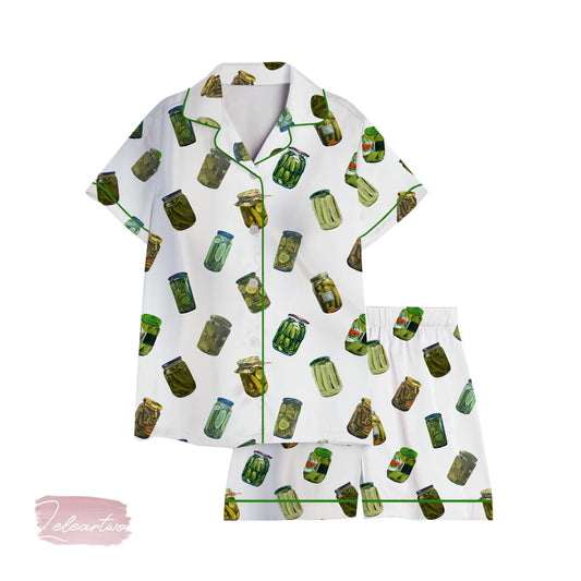 Pickle Collection | Silky Satin Pajama Set for Women | Funny Foodie Sleepwear | Pickle Jar Print PJs | Lightweight Summer Lounge Set
