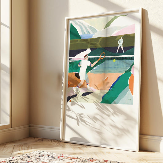 Tennis Watercolor Print: Minimalist Mid-Century Modern Wall Art