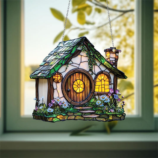 Fairy Cottage Window Hanging, Whimsical Hobbit House Ornament with Flowers and Light, Cozy Nature Decor for Garden Lovers, Cottagecore Gift