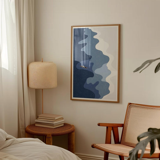 Aerial Ocean Print: Surfers, Canoe, Coastal Wall Art