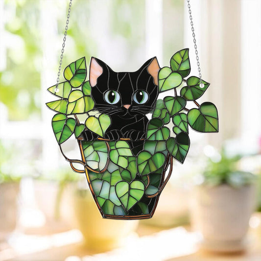 Black Cat in Leafy Plant Pot Window Hanging, Cute Kitty Decor for Plant Lover, Whimsical Gift for Cat Mom, Green Jungle Vibe Window Accent