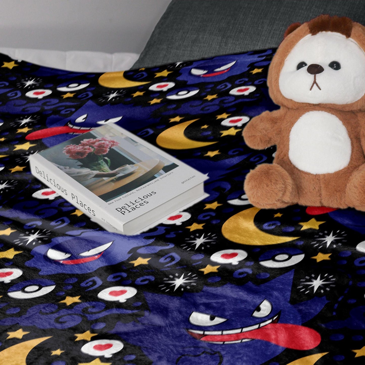 Gengar Fleece Blanket, Cute Purple Moon Throw Blanket, Tropical Home Decor Blanket, Gengar Blanket Gifts