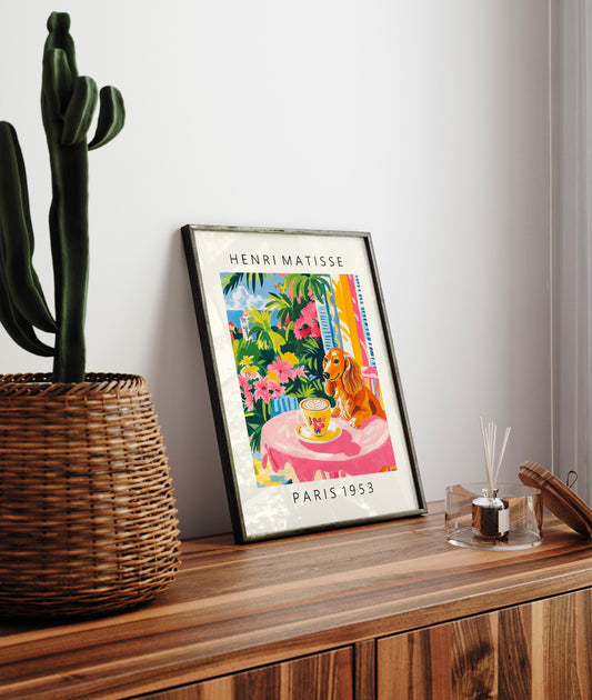 Dachshund Coffee Print: Matisse Style Pink Kitchen Cafe Art