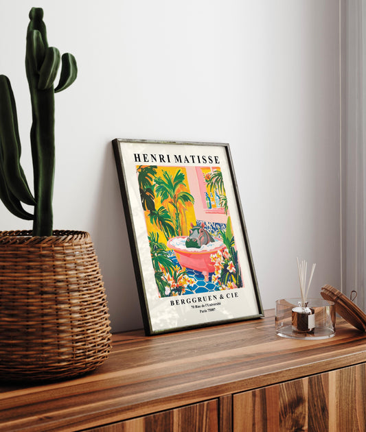 Hippo in Bathtub Poster: Funny Bathroom Print, Matisse Style