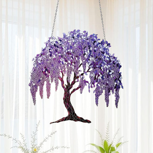 Purple Wisteria Tree Window Hanging, Romantic Weeping Floral Decor, Tranquil Zen Garden Ornament, Nature-Inspired Gift for Peaceful Home