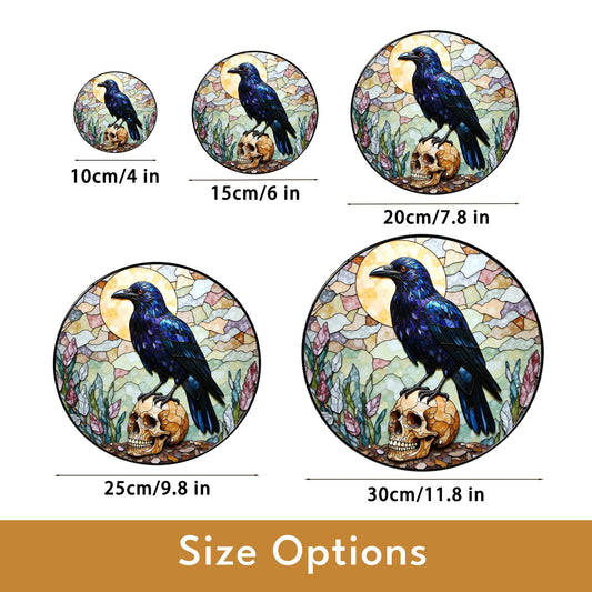 Raven on Skull Gothic Stained Glass Window Sun Catcher for Halloween or Friend Gift