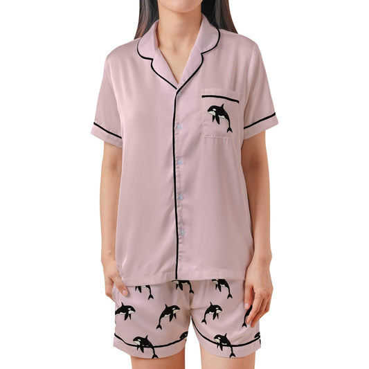 Killer Whale Pajama Set Short Sleeves, Orca Woman's Pink Satin Pajama Short Sleeve