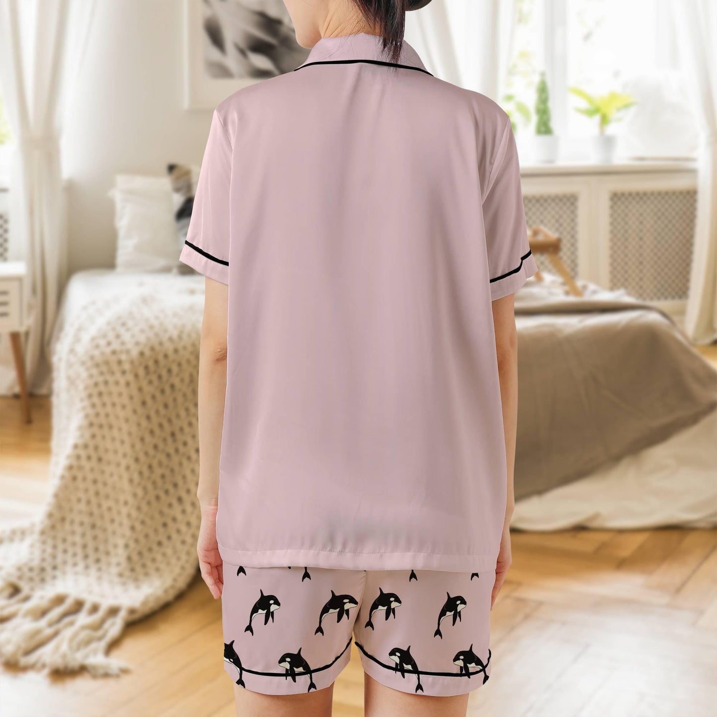 Killer Whale Pajama Set Short Sleeves, Orca Woman's Pink Satin Pajama Short Sleeve