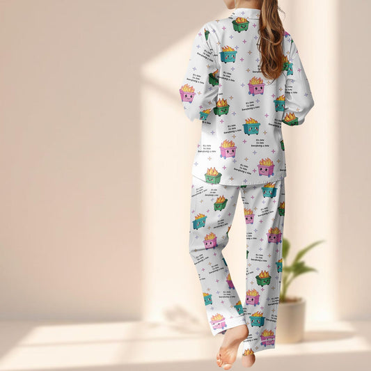 Dumpster Fire Satin Pajama Set, Funny Chaos Sleepwear, Meme Loungewear Set, Humor Matching Pajamas Set, Hot Mess Pjs, Gift For Her