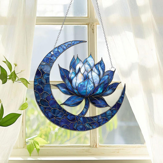 Blue Lotus Moon Acrylic Window Hanging, Meditation Room Decor or Mindful Gift, Lotus Flowers Ornament, Birthday gift, Gift for Garden Lovers