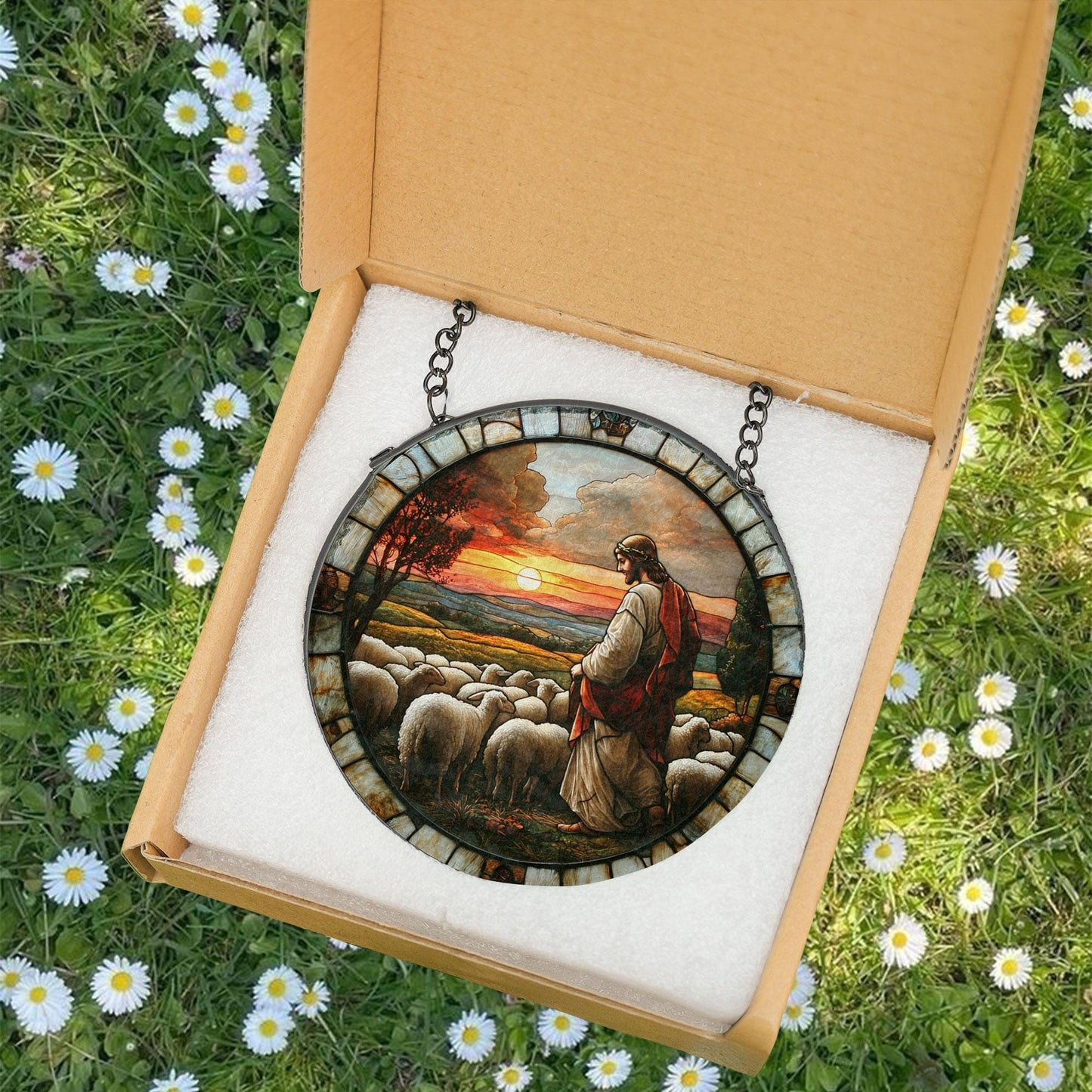 Jesus Stained Glass SunCatcher, Memorial Gift, Jesus With Lamb Landscape Glass Hanging, Jesus Suncatcher Hanging, Jesus Christ Decoration