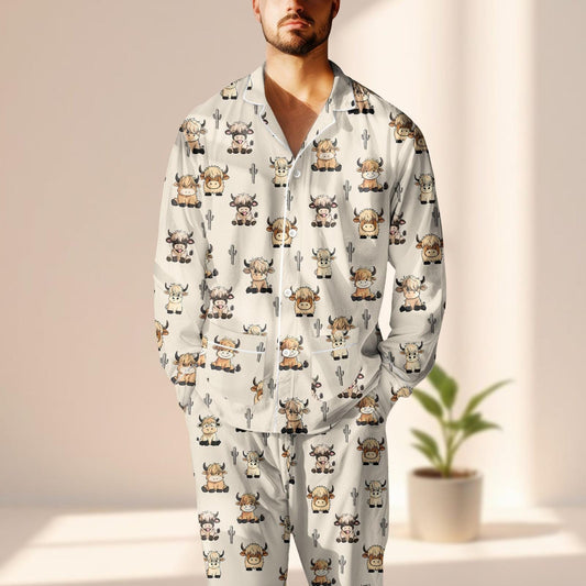 Cute Cowgirl Satin Pajamas Set, Cartoon Cowboy Cow Women Sleepwear, Western Farm Animal Loungewear, Matching Pj Set, Gift For Her