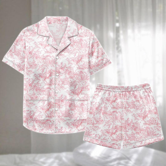 Toile De Jouy Satin Pajamas Short Set, Pink French Vintage Sleepwear, Elegant Romantic Loungewear, Matching Pajamas Set, Funny Gift