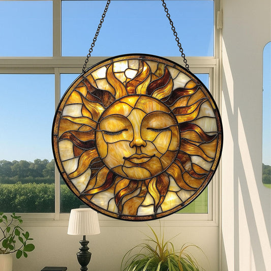 Golden Sun Face Stained Glass Suncatcher, Boho Window Hanging for Spiritual Home, Sun Decor, Gift for Nature Lovers, Astrology Lovers Gift