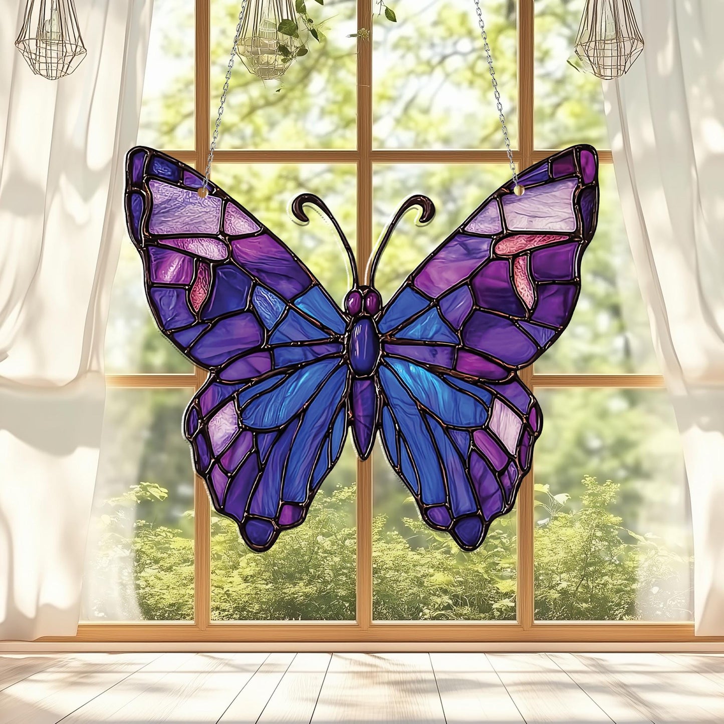 Elegant Stained Glass Butterfly Window Hanging – Purple and Blue Wings Design, Perfect for Adding a Whimsical, Nature-Inspired Touch
