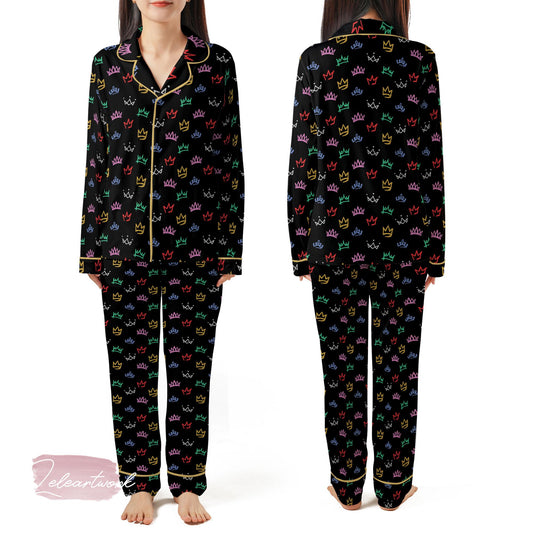 Six The Musical Broadway Set | Silky Satin Crown Print Pajama Set for Women | Queendom Sleepwear | Theater Gift for Her