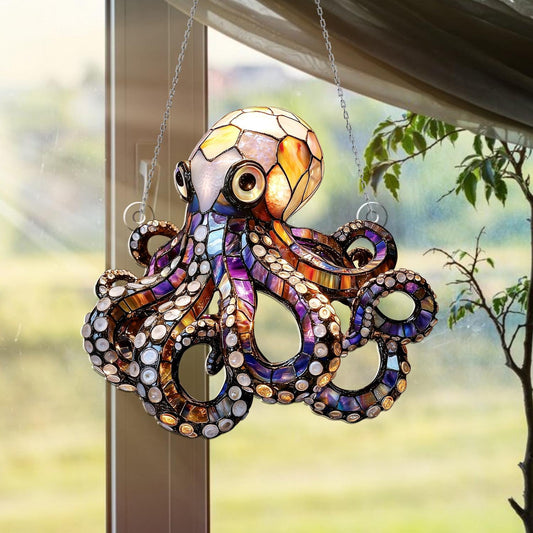 Colorful Stained Glass Octopus Window Hanging – Handmade Ocean Animal Sun Catcher with Swirling Tentacles for Nautical Window Decor