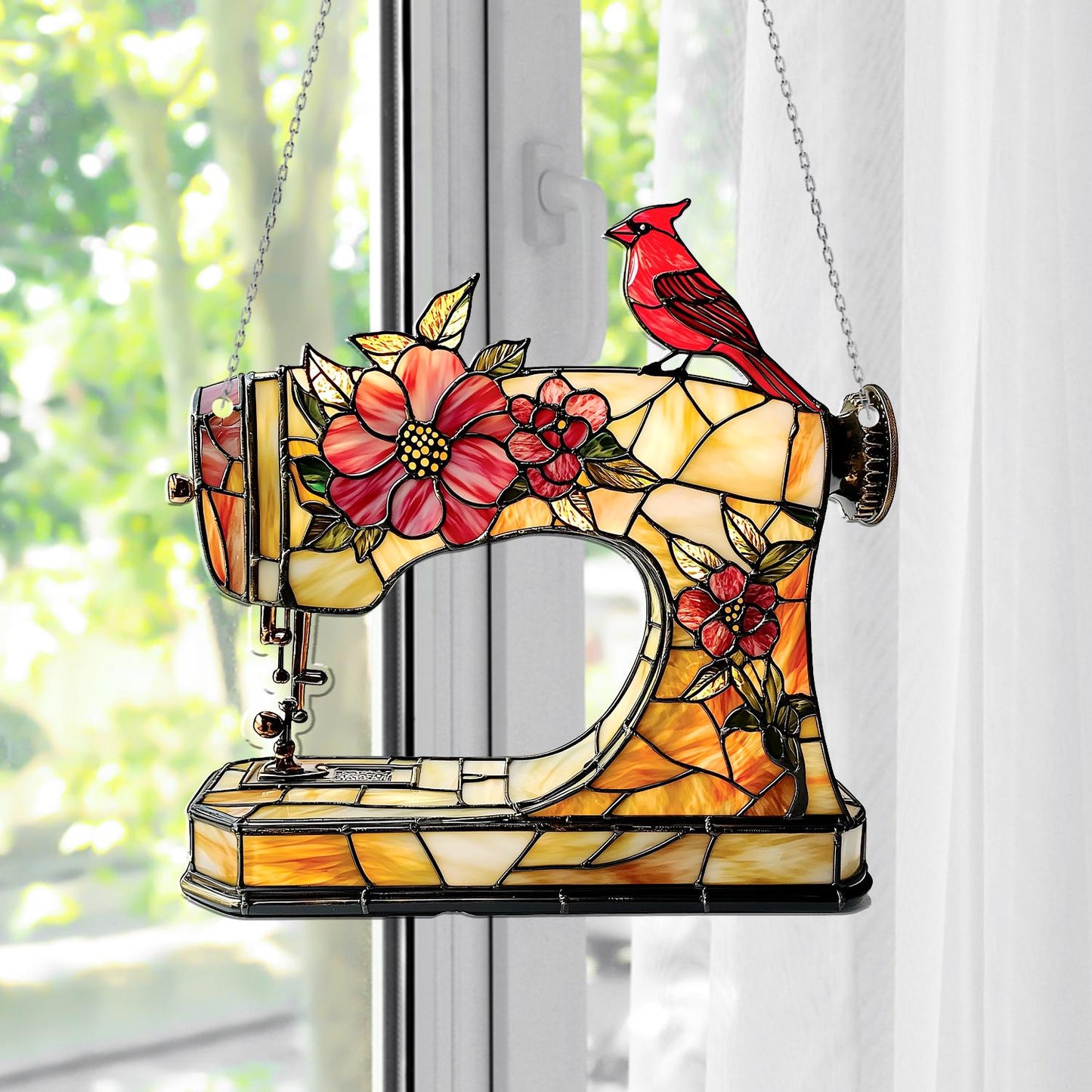 Sewing Machine Stained Glass Window Hanging – Floral Sun Catcher with Cardinal Bird for Seamstress Gift, Quilter Room, or Craft Decor