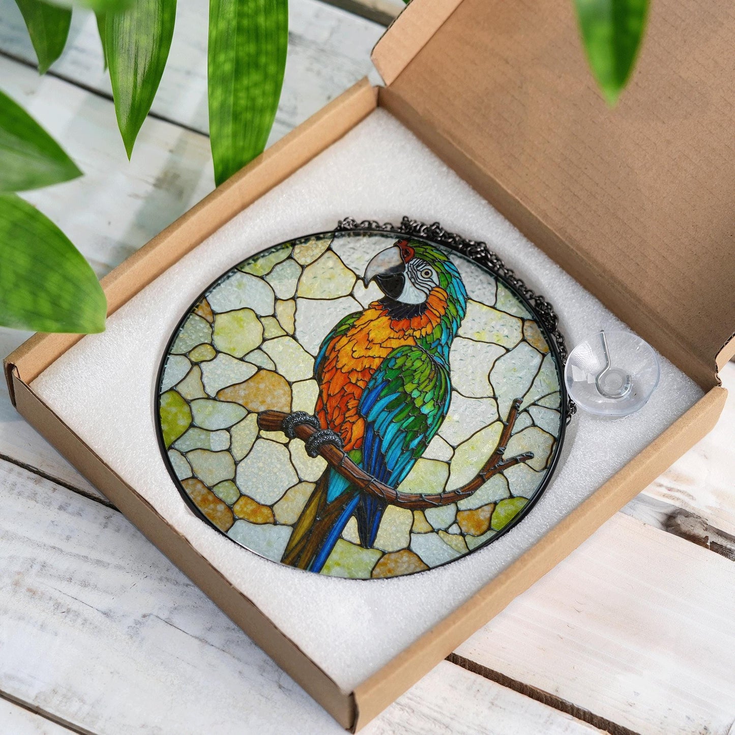Vibrant macaw on branch stained glass suncatcher window decor Gift for bird lover birthday