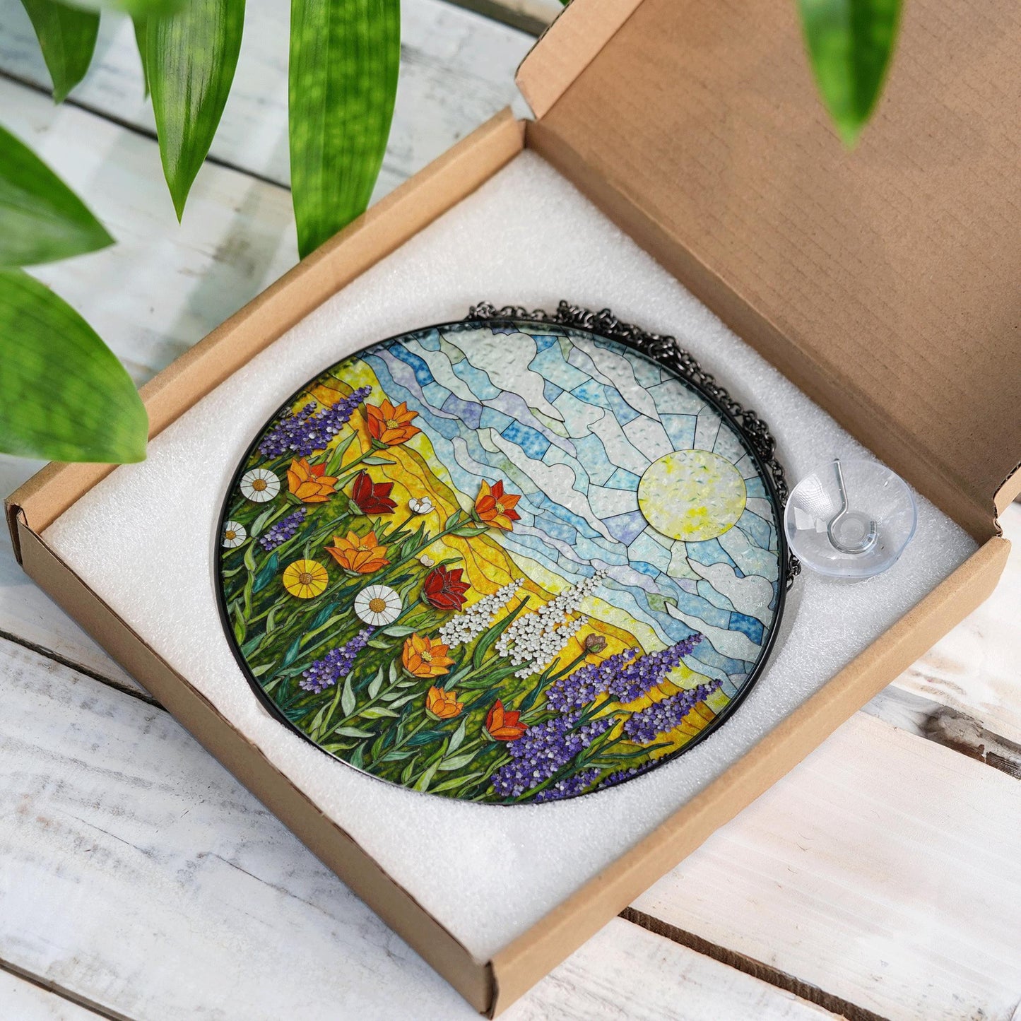 Sunlit Meadow Wildflower Landscape Round Stained Glass Suncatcher Window Hanging Gift for Mom Birthday
