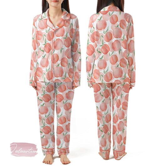 Pink Peach Set | Silky Satin Pajama Set for Women | Watercolor Fruit Print Sleepwear | Summer Lounge Set | Peach Aesthetic Gift