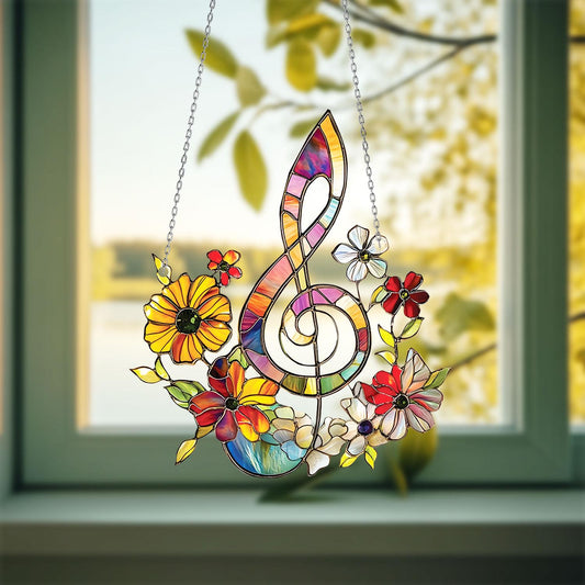 Colorful Treble Clef Window Hanging With Floral Design, Music Lover Decor For Studio Or Home, Bright Artistic Accent For Any Room
