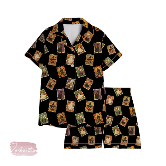 Halloween Trick Or Treat Pajama Set – Retro Stamp Print Short Sleeve Sleepwear, Cute Spooky Loungewear Gift