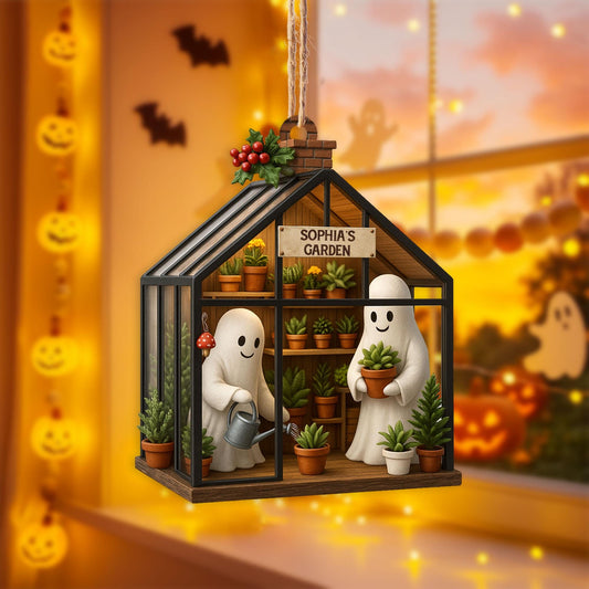 Personalized Ghost in Garden 2D FLAT Acrylic Ornament, Plant Lovers Halloween Gift, Halloween Ornament for Plantaholic, Greenhouse Ornament