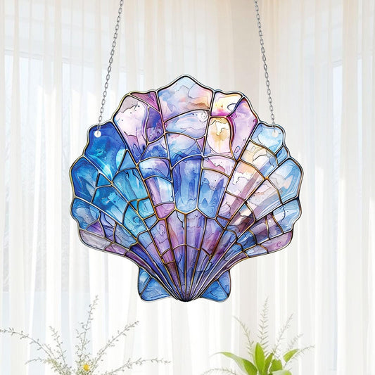 Mermaid Seashell Window Hanging, Iridescent Pastel Ocean Suncatcher, Stained Glass Style Coastal Decor, Nautical Summer Gift Idea