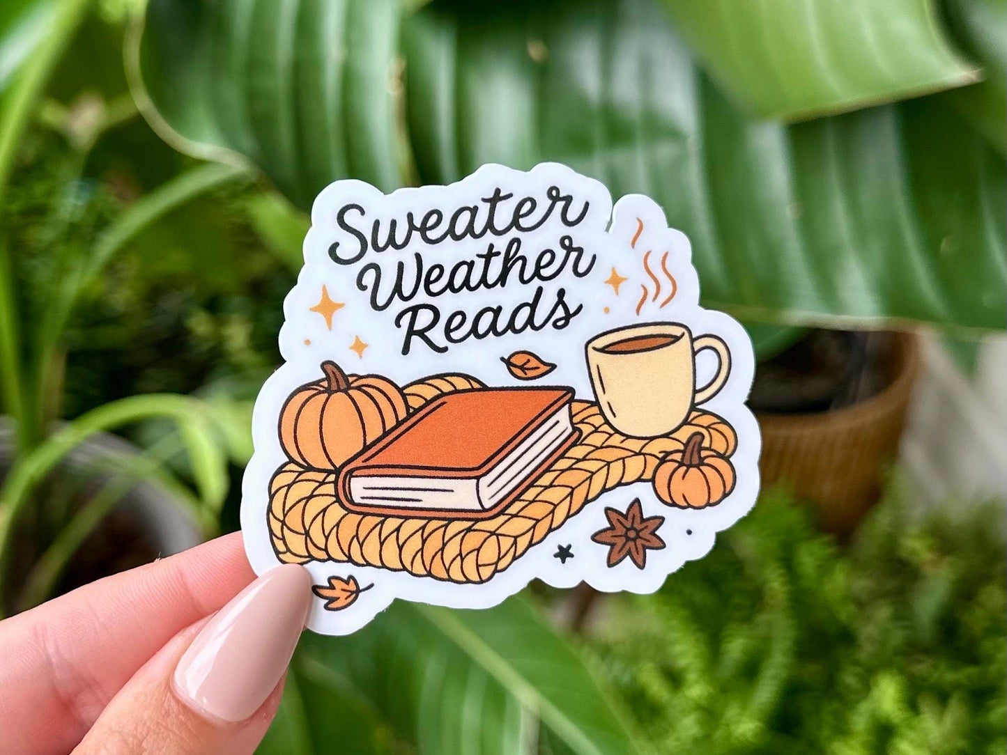 Sweater Weather Reads Waterproof Sticker, Handdrawn Art, Bestfriend Gifts, Positivity, Halloween, Reading, Bookish, Books, Spooky, Fall