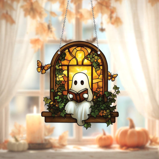 Cute Ghost Reading Book Window Hanging, Cozy Halloween Decor with Butterflies and Ivy, Whimsical Autumn Home Accent
