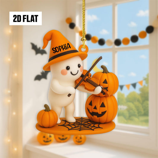Personalized Halloween Ornament – Cute Ghost With Pumpkin Vilon, Custom Name Ornament 2D Flat, Fun And Spooky Halloween Hanging Window