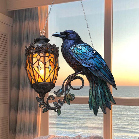 Raven Gothic on Lantern Acrylic Window Hanging, Crow on Lamp Decor, Halloween Black Raven Decor, Dark Academia Decor, Witchcraft Decor Fans