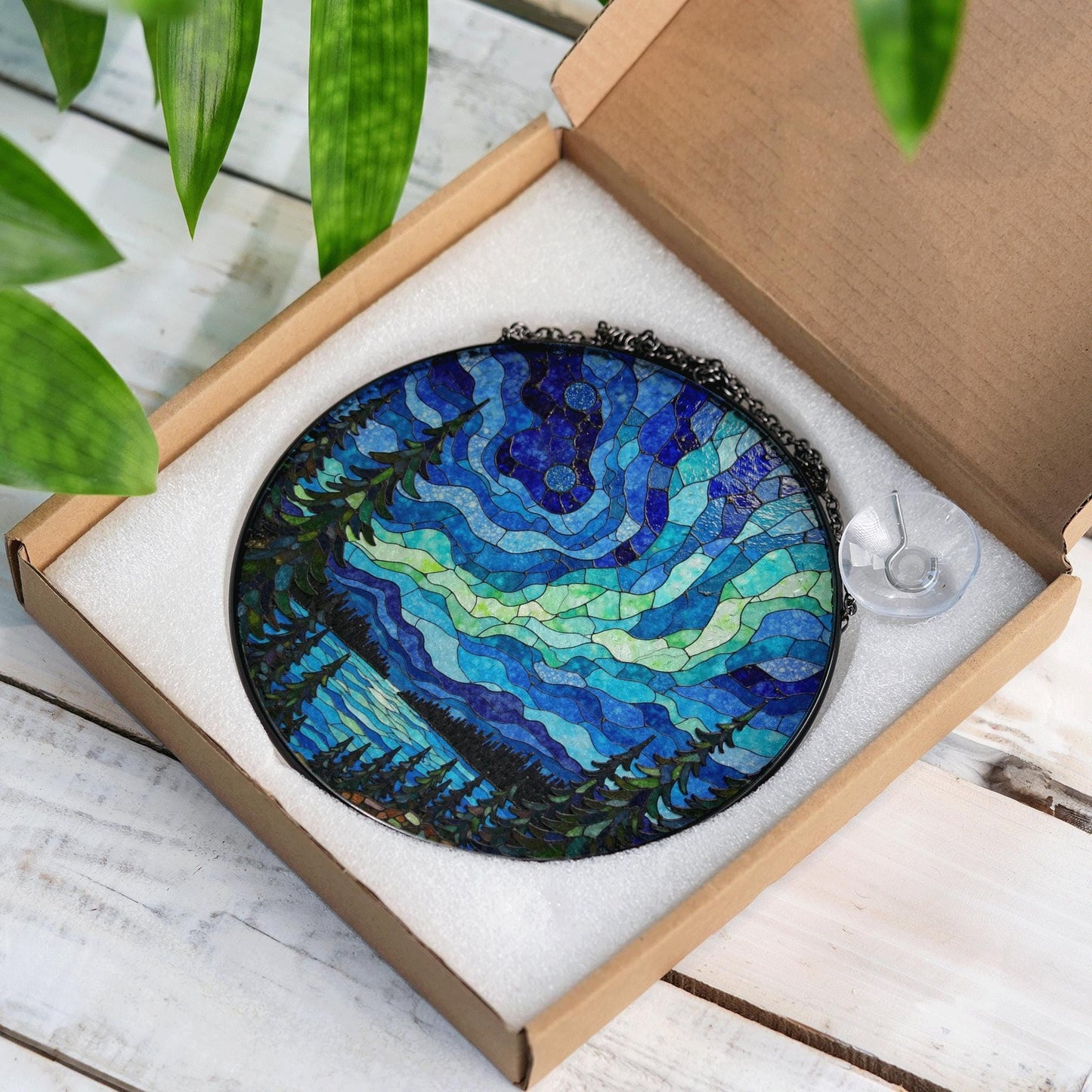 Aurora borealis forest lake mosaic round stained glass suncatcher window art gift for nature lover housewarming