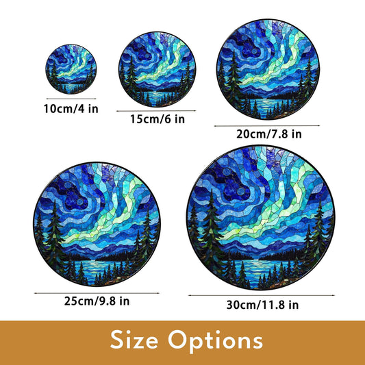 Aurora borealis forest lake mosaic round stained glass suncatcher window art gift for nature lover housewarming