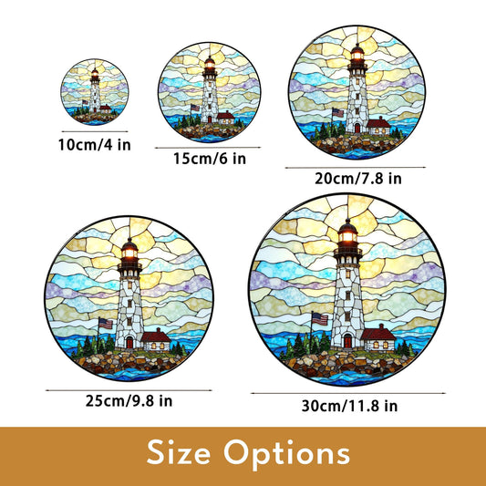 Patriotic Lighthouse Coastal Beacon Stained Glass Round Suncatcher Window Hanging Independence Day Gift for Dad
