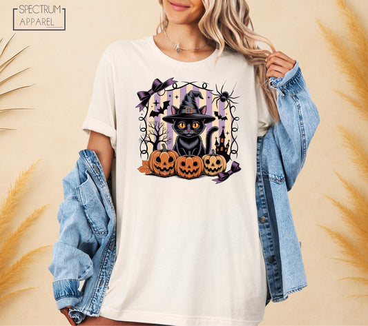 Halloween Black Cat T-Shirt, Spooky Witch Cat Shirt, Cute Pumpkin Cat October T-Shirt, Halloween Bat Fall Tee, Haunted House Autumn T-Shirt