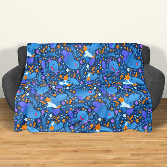 Wooper and Quagsire Blanket, Fleece Cotton Throw Blanket, Cozy Blue Bed Sofa Decor, Kawaii Axolotl Style Blanket, Wooper Blanket Gifts