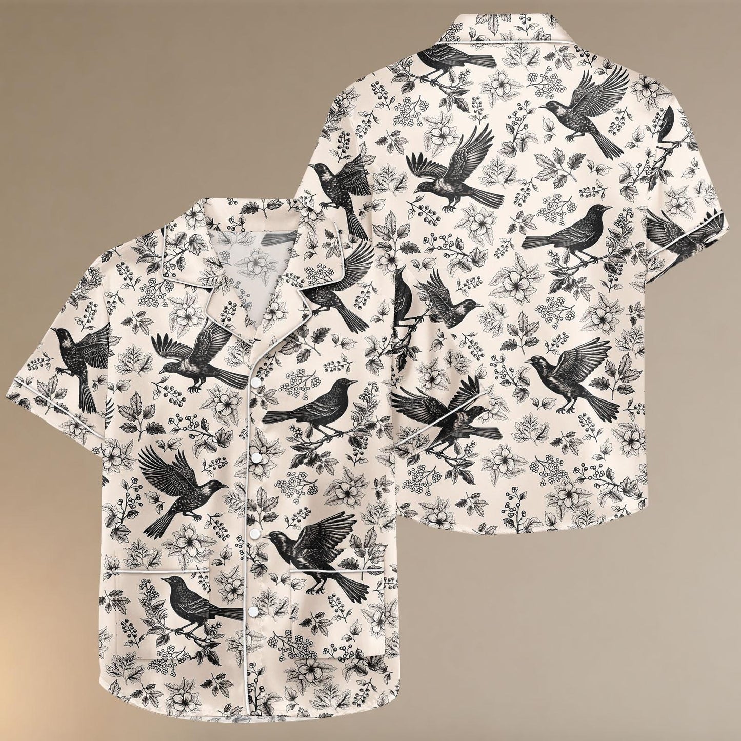 Bird Satin Pajama Set, Beige Floral Sleepwear, Elegant Birds and Flowers Summer Pajamas, Soft Lounge Set for Women