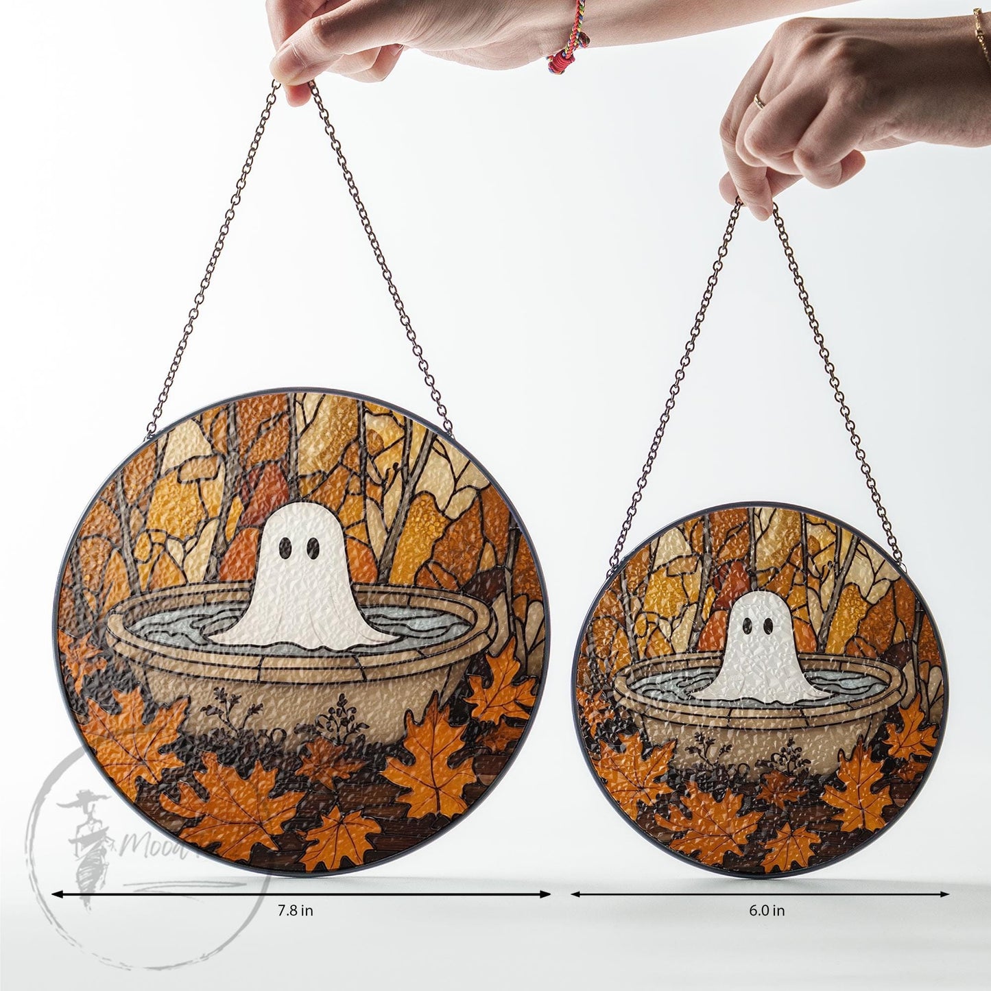 Cute Ghost in Fountain Stained Glass Suncatcher, Round Halloween Window Hanging, Autumn Leaves Fall Decor, Spooky Yet Cozy Gift Idea