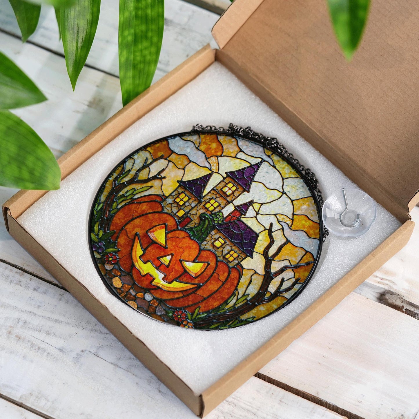 Haunted house pumpkin stained glass suncatcher Halloween window decor gift for spooky season lovers